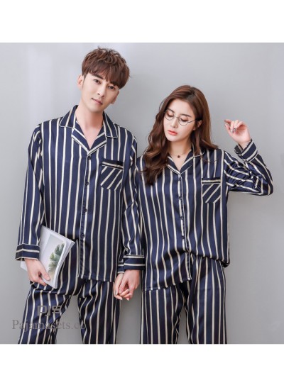 long sleeves couple comfy pjs for spring satin silky female pajama set men's sleepwear