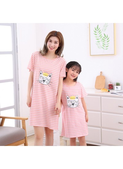 Pure cotton girls sleepwear for summer Short sleeve parent-child pajamas and nightgown on sale