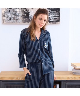 New winter long-sleeved cardigan for lovers striped home pajama set