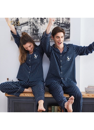 New winter long-sleeved cardigan for lovers striped home pajama set