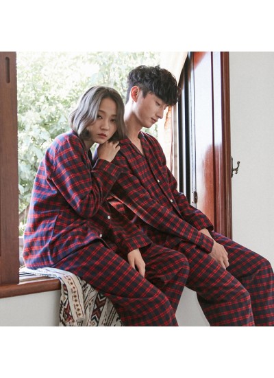 Scottish square comfy couple pajamas, pure cotton sleepwear long-sleeved cheap simple pjs