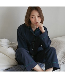 Blue Long-sleeved cotton Spring Classic pajama sets for couple