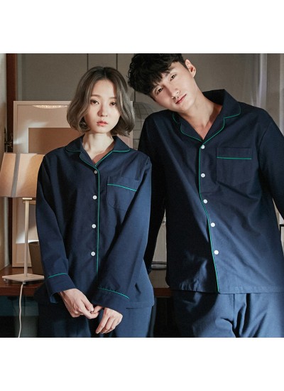 Blue Long-sleeved cotton Spring Classic pajama sets for couple