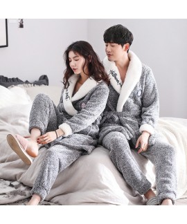 Long Sleeves Plus Size Coral Fur Thickened Flannel pajamas for Lovers' in Autumn and Winter