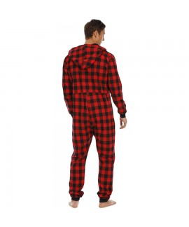 Cotton Blend Plaid Hooded Pajamas Simple 3 Colors Mens Jumpsuits