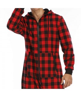 Cotton Blend Plaid Hooded Pajamas Simple 3 Colors Mens Jumpsuits