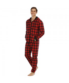 Cotton Blend Plaid Hooded Pajamas Simple 3 Colors Mens Jumpsuits