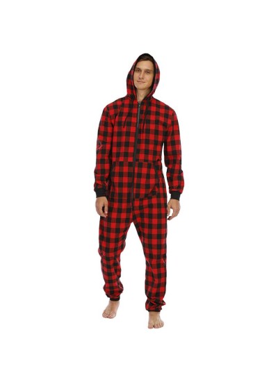 Cotton Blend Plaid Hooded Pajamas Simple 3 Colors Mens Jumpsuits