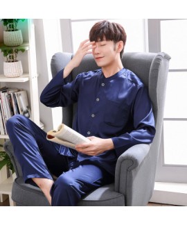 long sleeves casual collar Men's silk pajama sets  plus size pyjamas