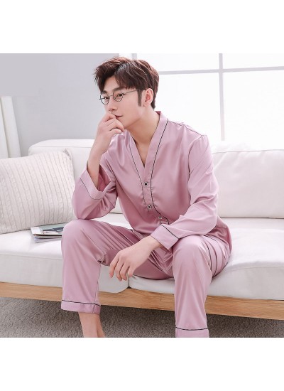 long sleeves casual collar Men's silk pajama sets  plus size pyjamas