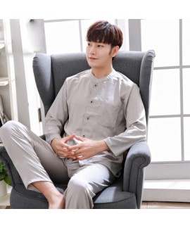 Casual ice silk lounge pajamas for men long sleeved pure color pajamas male