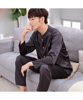 Casual ice silk lounge pajamas for men long sleeve...