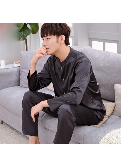 Casual ice silk lounge pajamas for men long sleeved pure color pajamas male