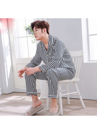 long sleeved Striped ice silk Pajamas set for men plus size lounge pajamas male