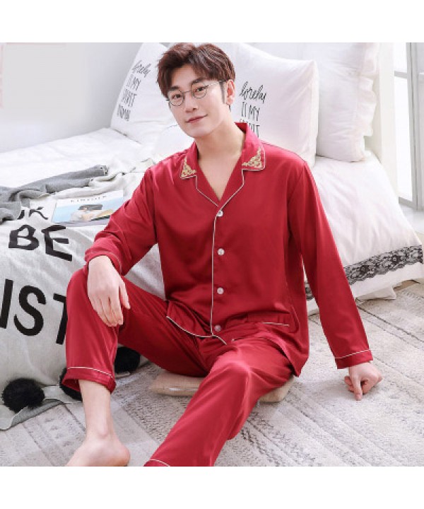 Double pocket leisure men's pajama sets silk like pajamas for male