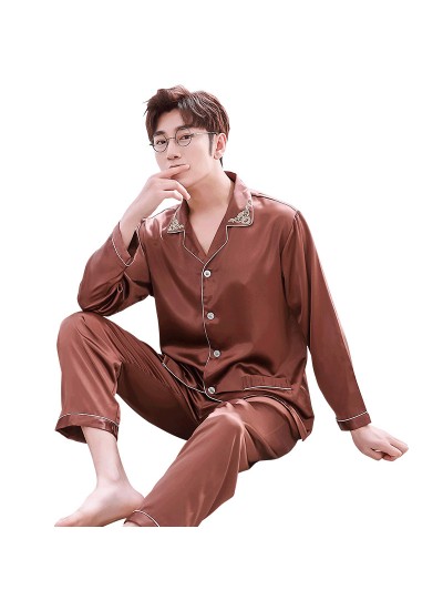 Double pocket leisure men's pajama sets Satin pajamas for male