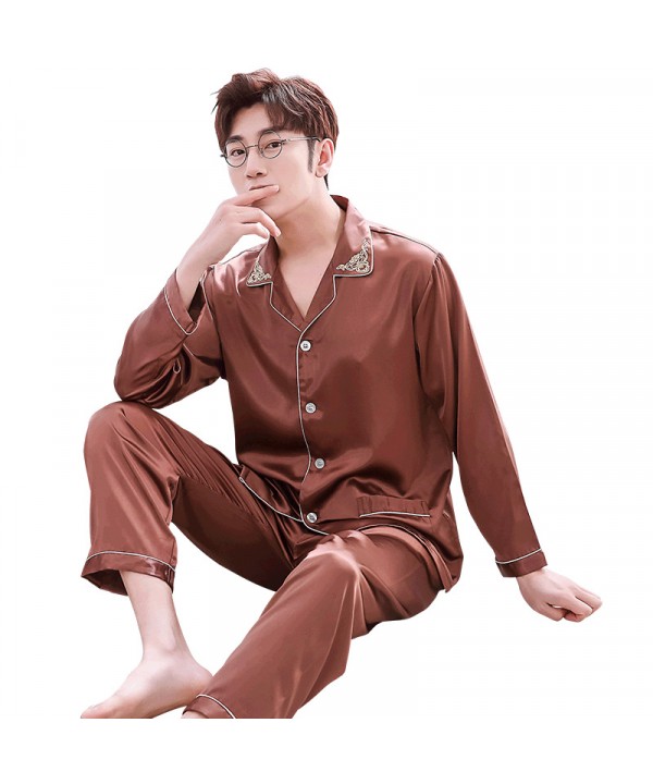 Double pocket leisure men's pajama sets silk like pajamas for male