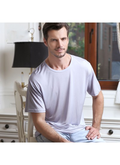 Summer 100% mulberry silk T-shirt, silk mid aged men's sleep wear