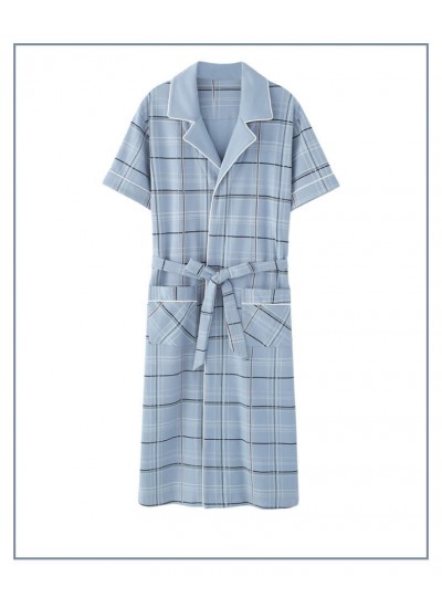 Summer men's short-sleeved blue plaid pajamas male cotton thin Robe Large Size pajamas Wholesale