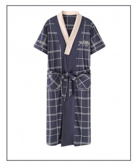 Summer men's short-sleeved blue plaid pajamas male cotton thin Robe Large Size pajamas Wholesale