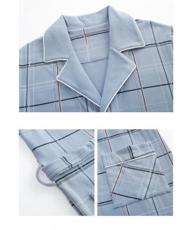 Summer men's short-sleeved blue plaid pajamas male cotton thin Robe Large Size pajamas Wholesale