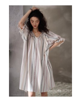 Women's Summer Stripe Strawberry Print Nightdress Pure Cotton Mid-length V-neck Sweet Casual Fashion Pajamas Wholesale