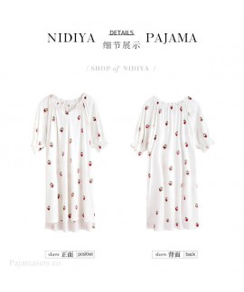Women's Summer Stripe Strawberry Print Nightdress Pure Cotton Mid-length V-neck Sweet Casual Fashion Pajamas Wholesale