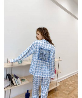 Women's long-sleeved cardigan bluey pajamas bird check print lapel suit Wholesale and Retail