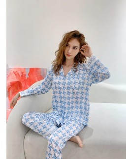 Women's long-sleeved cardigan bluey pajamas bird check print lapel suit Wholesale and Retail