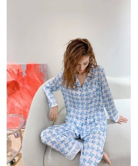 Women's long-sleeved cardigan bluey pajamas bird check print lapel suit Wholesale and Retail