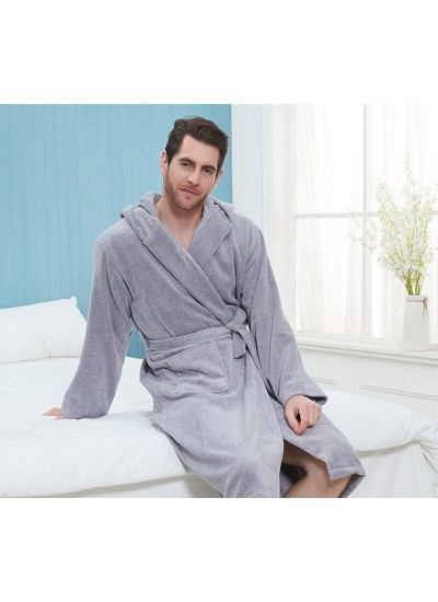 100% Cotton nightgown men's long thick hooded bathrobe letters print winter long-sleeved pajamas wholesale