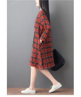 Amazon autumn new cotton and linen plaid print mid-length women night skirt loose and thin pajama long-sleeved nightdress Wholesale