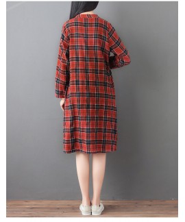 Amazon autumn new cotton and linen plaid print mid-length women night skirt loose and thin pajama long-sleeved nightdress Wholesale