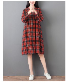 Amazon autumn new cotton and linen plaid print mid-length women night skirt loose and thin pajama long-sleeved nightdress Wholesale