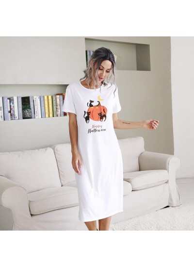 2020 European and American Halloween Theme Funny Cat Pumpkin Print Long Knee-length Nightdress Ladies Pajama Skirt Wholesale