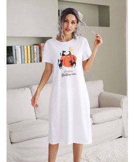 2020 European and American Halloween Theme Funny Cat Pumpkin Print Long Knee-length Nightdress Ladies Pajama Skirt Wholesale