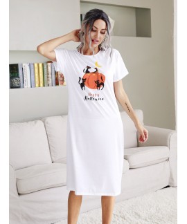 2020 European and American Halloween Theme Funny Cat Pumpkin Print Long Knee-length Nightdress Ladies Pajama Skirt Wholesale