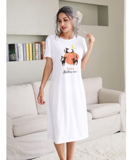 2020 European and American Halloween Theme Funny Cat Pumpkin Print Long Knee-length Nightdress Ladies Pajama Skirt Wholesale