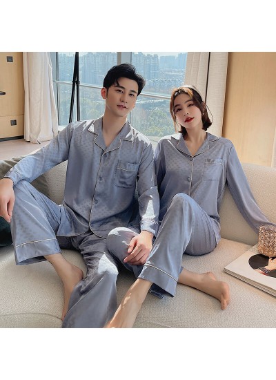 Men's and women's pajamas dark pattern printed silk gray blue home service wholesale