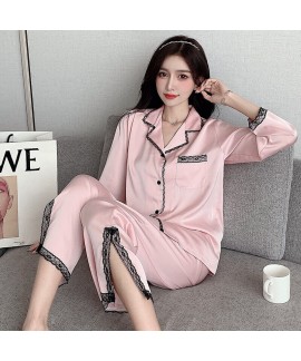 2023Women Ice Silk Long Sleeve Light Luxury Pajama...