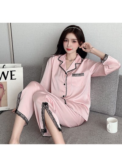 2023Women Ice Silk Long Sleeve Light Luxury Pajamas Lace Split Spring Autumn Pajamas Set wholesale