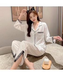 2023Women Ice Silk Long Sleeve Light Luxury Pajamas Lace Split Spring Autumn Pajamas Set wholesale