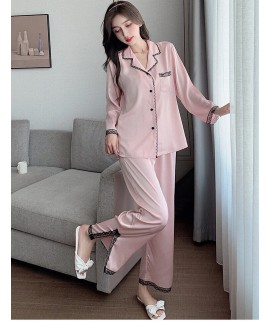 2023Women Ice Silk Long Sleeve Light Luxury Pajamas Lace Split Spring Autumn Pajamas Set wholesale