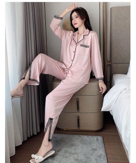 2021 Women Ice Silk Long Sleeve Light Luxury Pajamas Lace Split Spring Autumn Pajamas Set wholesale