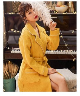 Women printed long yellow pajamas thickened cotton interlayer winter bathrobe Wholesale and Retail