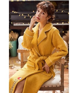 Women printed long yellow pajamas thickened cotton interlayer winter bathrobe Wholesale and Retail