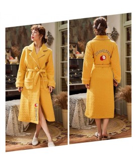 Women printed long yellow pajamas thickened cotton interlayer winter bathrobe Wholesale and Retail