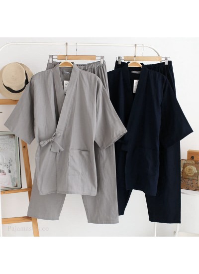 Spring and Summer New Men's Japanese Robe 100% Cotton Pajamas Monochrome Kimono Pajamas Sleep Pants Wholesale