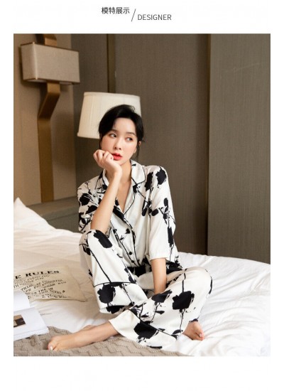 Autumn ice silk pajamas three-quarter sleeve trousers black white rose ladies suit wholesale