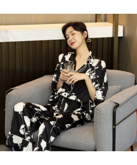 Autumn ice silk pajamas three-quarter sleeve trousers black white rose ladies suit wholesale